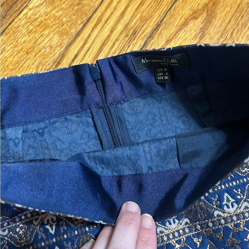 Massimo Dutti Mini Skirt Navy Blue Bronze Gold Metallic Jacquard Size 4